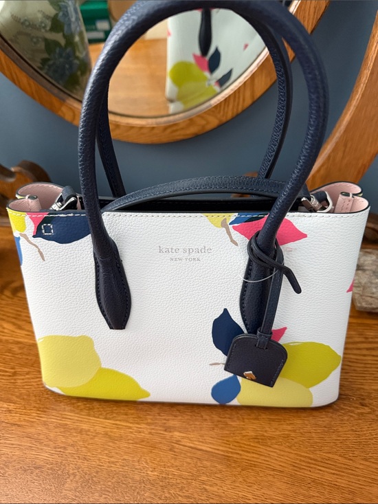 kate spade Handbags - NWT kate spade White Floral Satchel with Navy Handles and Yellow, Pink Accents